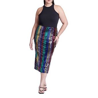 ELOQUII Women's Plus Size Rainbow Striped Sequin Midi Skirt