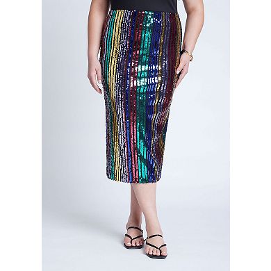 ELOQUII Women's Plus Size Rainbow Striped Sequin Midi Skirt