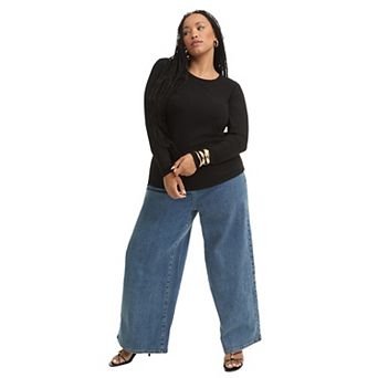 June + Vie Women's Plus Size Ribbed Crewneck Top