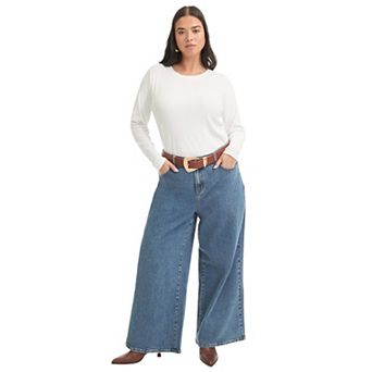 June + Vie Women's Plus Size Ribbed Crewneck Top