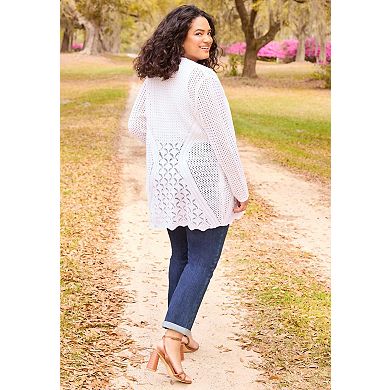 Catherines Women's Plus Size Mixed Stitch Pointelle Cardigan