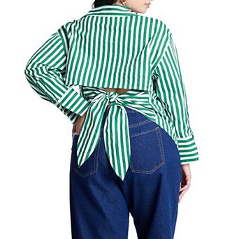ELOQUII Women's Plus Size Striped Tie Back Button Up Top