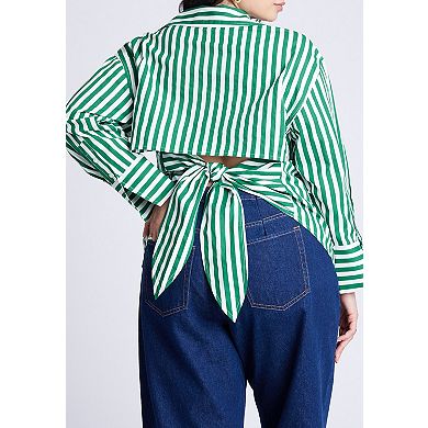 ELOQUII Women's Plus Size Striped Tie Back Button Up Top