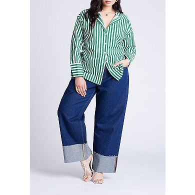 ELOQUII Women's Plus Size Striped Tie Back Button Up Top