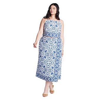ELOQUII Women's Plus Size Border Print Midi Skirt