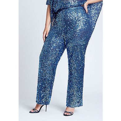 ELOQUII Women's Plus Size Sequin Open Mesh Straight Leg Pant