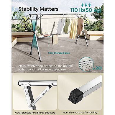 Extendable Double-Rod Drying Rack for Indoor or Outdoor Laundry Spaces