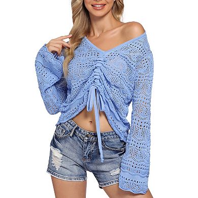 Women's Summer Fall Long Sleeve Hollowed Out Shirt Casual V Neck Chest Drawstring Top Blouse