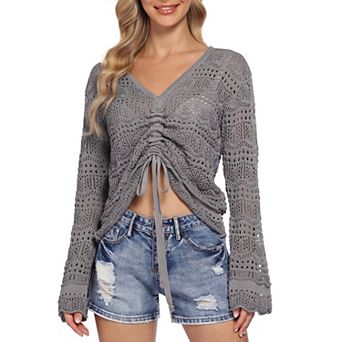 Women's Summer Fall Long Sleeve Hollowed Out Shirt Casual V Neck Chest Drawstring Top Blouse