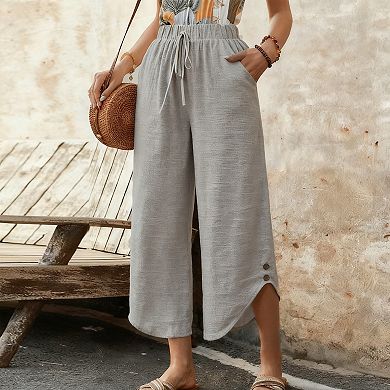 Women's Wide-Leg Trousers, Drawstring Waist Cropped Pants with Side Pockets