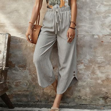Women's Wide-Leg Trousers, Drawstring Waist Cropped Pants with Side Pockets