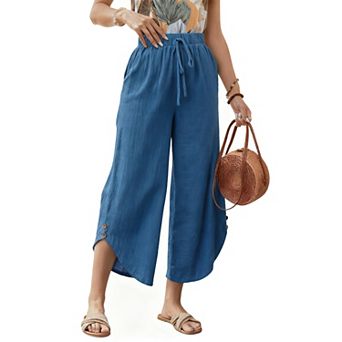 Women's Wide-Leg Trousers, Drawstring Waist Cropped Pants with Side Pockets