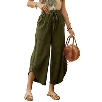 Women's Wide-Leg Trousers, Drawstring Waist Cropped Pants with Side Pockets