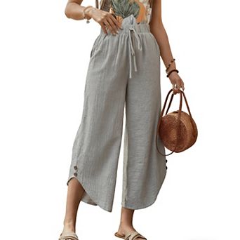 Women's Wide-Leg Trousers, Drawstring Waist Cropped Pants with Side Pockets