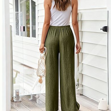 Womens High Waist Relaxed Fit Drawstring Pocket Wide Leg Pants