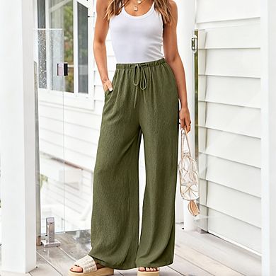 Womens High Waist Relaxed Fit Drawstring Pocket Wide Leg Pants