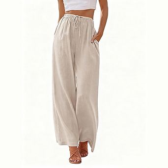 Womens High Waist Relaxed Fit Drawstring Pocket Wide Leg Pants