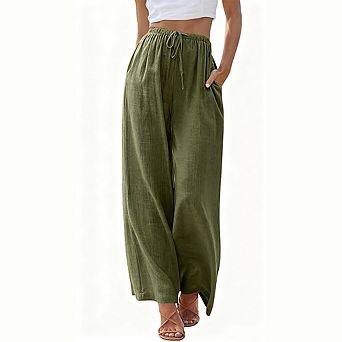 Womens High Waist Relaxed Fit Drawstring Pocket Wide Leg Pants