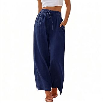 Womens High Waist Relaxed Fit Drawstring Pocket Wide Leg Pants