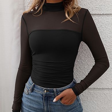 Women's Semi-Turtleneck Mesh Long Sleeve Top Sheer Bodycon Slim Fit Shirt