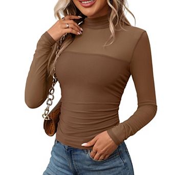 Women's Semi-Turtleneck Mesh Long Sleeve Top Sheer Bodycon Slim Fit Shirt