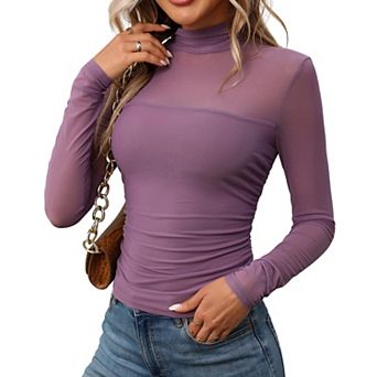 Women's Semi-Turtleneck Mesh Long Sleeve Top Sheer Bodycon Slim Fit Shirt