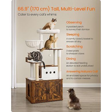 66.9-in Multi-Level Cat Tree Tower with Enclosed Litter Box and Elevated Feeding Station