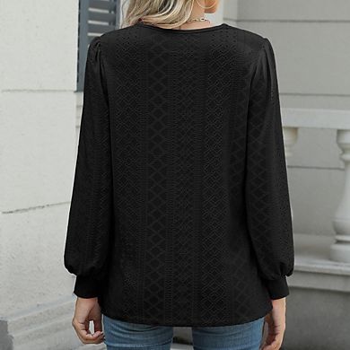 Womens Crew Neck Loose Fit Casual Puff Sleeve Long Sleeve Tops