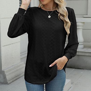 Womens Crew Neck Loose Fit Casual Puff Sleeve Long Sleeve Tops