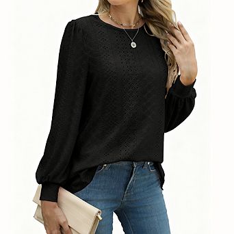 Womens Crew Neck Loose Fit Casual Puff Sleeve Long Sleeve Tops