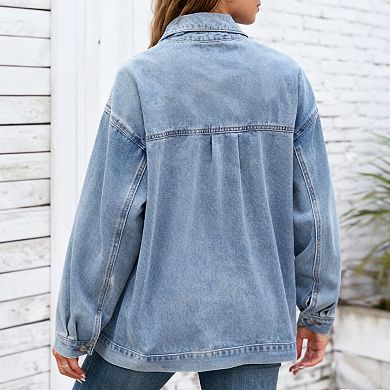 Women's Vintage Retro Long Sleeve Button Down Denim Jacket with Chest Pocket