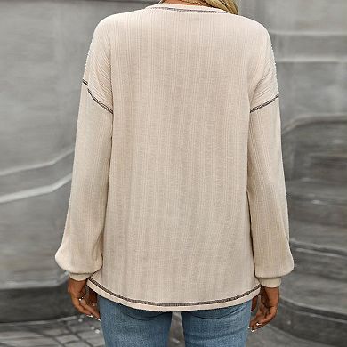 Women's Round Neck Ribbed T-Shirt Long Sleeve Relaxed Fit Casual Top