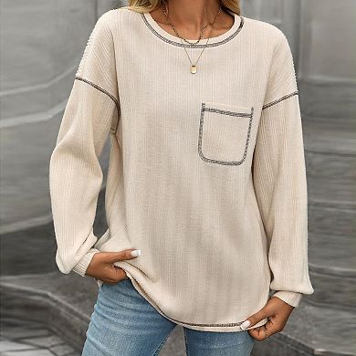 Women's Round Neck Ribbed T-Shirt Long Sleeve Relaxed Fit Casual Top