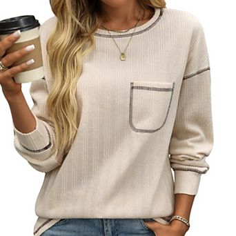 Women's Round Neck Ribbed T-Shirt Long Sleeve Relaxed Fit Casual Top