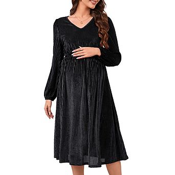 Womens Maternity V Neck Long Sleeve Smocked Waist Ribbed Velvet Baby Shower Midi Dress