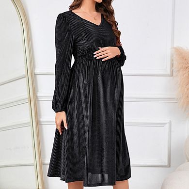 Womens Maternity V Neck Long Sleeve Smocked Waist Ribbed Velvet Baby Shower Midi Dress