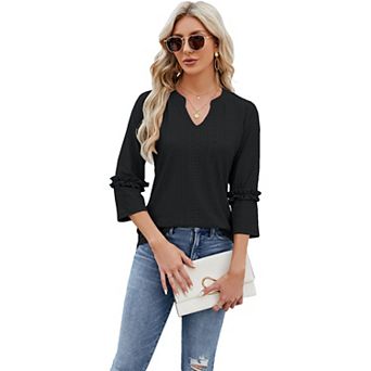 Women's Summer Fall V Neck 3/4 Long Sleeve Shirt Hollowed Out Loose Fit Top Casual Blouse