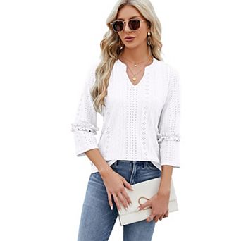 Women's Summer Fall V Neck 3/4 Long Sleeve Shirt Hollowed Out Loose Fit Top Casual Blouse