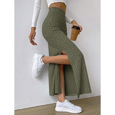 Women's Summer Fall High Waisted Side Slit Maxi Skirt Fitted Fit Versatile Casual Dressy Long Skirt