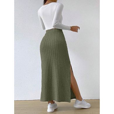Women's Summer Fall High Waisted Side Slit Maxi Skirt Fitted Fit Versatile Casual Dressy Long Skirt