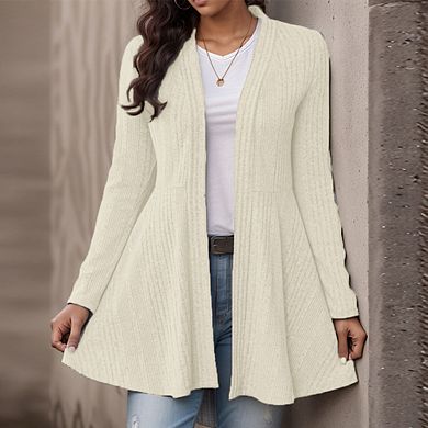 Womens Knit Cardigan Long Sleeve Open Front Ribbed Casual Top