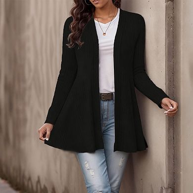 Womens Knit Cardigan Long Sleeve Open Front Ribbed Casual Top
