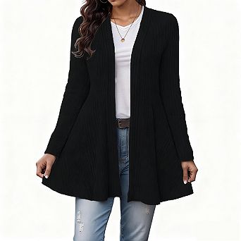 Womens Knit Cardigan Long Sleeve Open Front Ribbed Casual Top