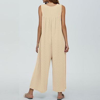 Women's Sleeveless Jumpsuit Casual Loose Fit Wide Leg Romper With Pockets