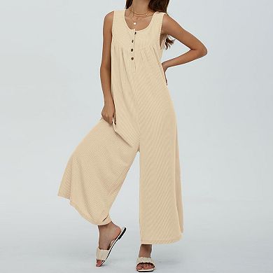 Women's Sleeveless Jumpsuit Casual Loose Fit Wide Leg Romper With Pockets