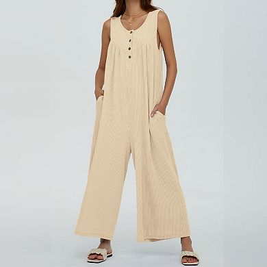 Women's Sleeveless Jumpsuit Casual Loose Fit Wide Leg Romper With Pockets