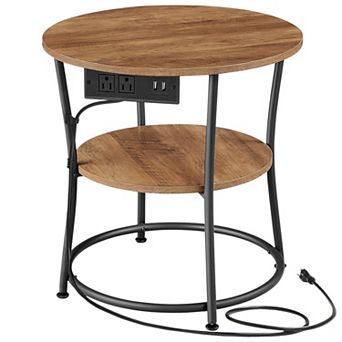 2-Level Round Side Table with AC Outlets and USB Ports