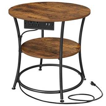 2-Level Round Side Table with AC Outlets and USB Ports