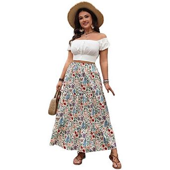 Women's Plus Size Summer Floral Cottagecore Maxi Skirt Casual Versatile A-Line Swing Long Dress