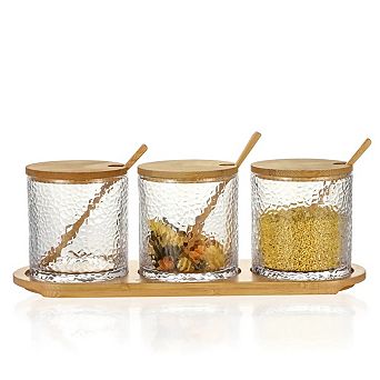 Three-Piece Hammered Glass Condiment Jar Set Clear Storage for Sugar or Spices
